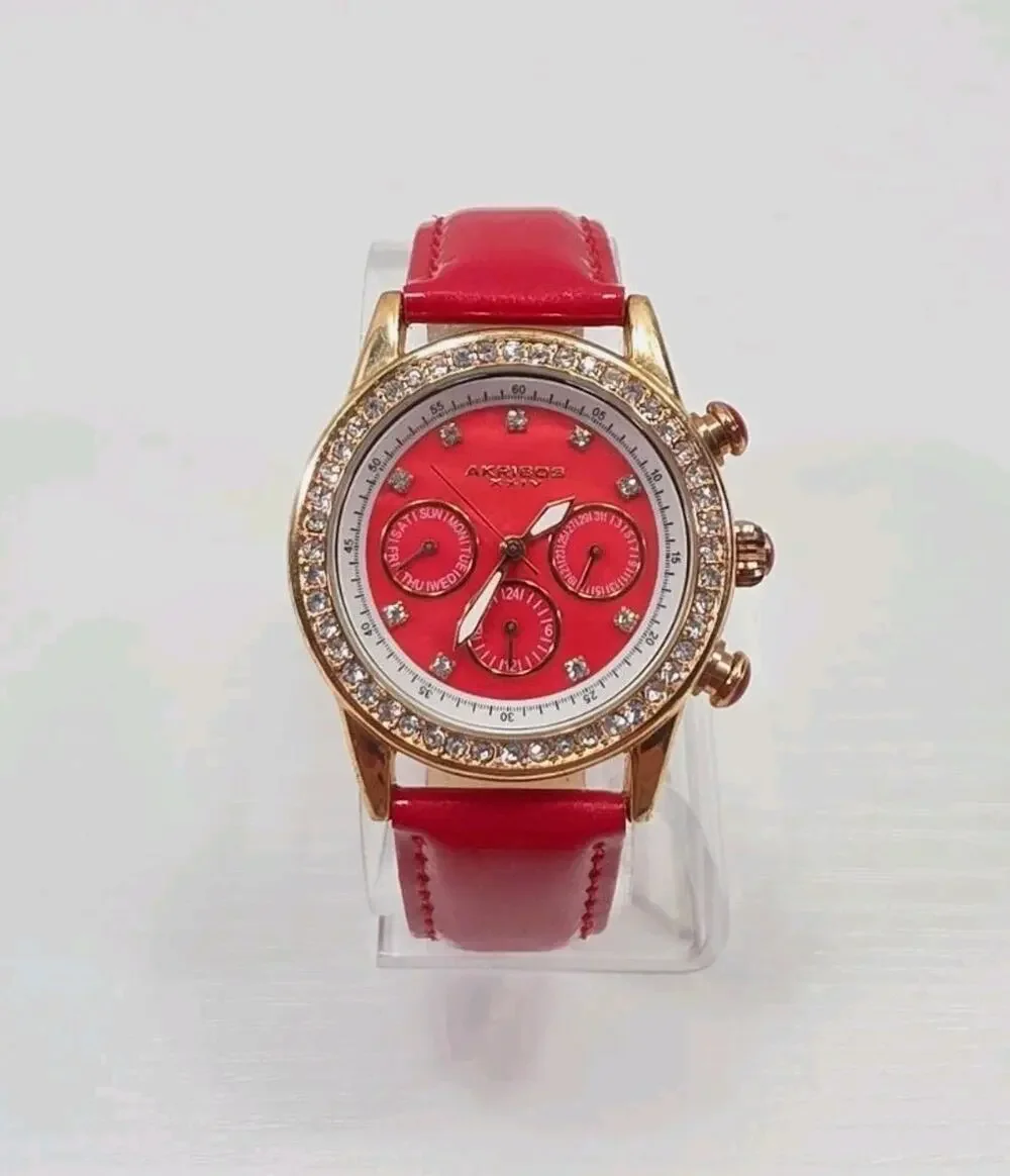 Women's Akribos XXIV AK556RD Quartz Crystal Bezel Watch Red Band New Battery 270